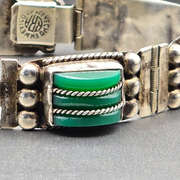 VTG RRA Mexican Sterling Silver Green Onyx Panel Link Bracelet 7" Rope Detail 40 - Picture 2 of 16